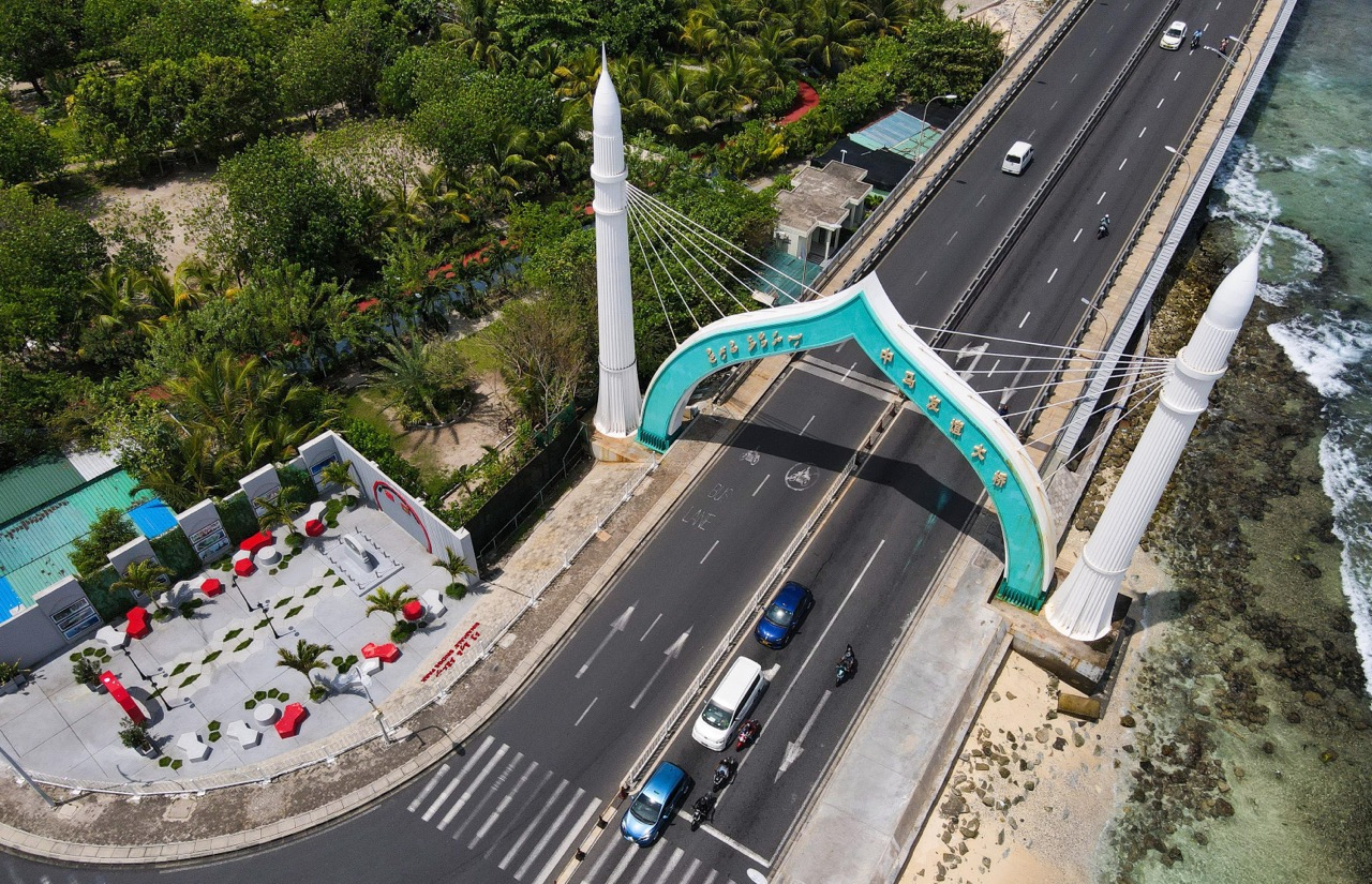 Aerial view of the Sinamalé Bridge entrance and Malé waterfront